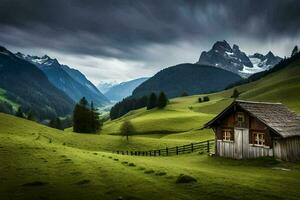 a small cabin in the middle of a green field. AI-Generated photo