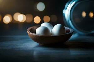 three eggs in a bowl on a table with lights. AI-Generated photo