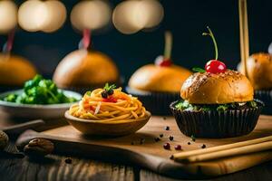 un de madera corte tablero con hamburguesas y fideos. generado por ai foto