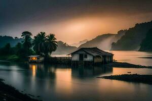 a small house sits on the shore of a river. AI-Generated photo