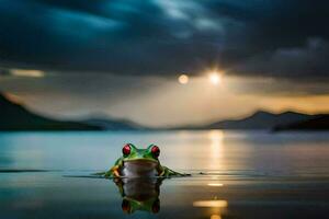 a frog in the water with a sunset behind it. AI-Generated photo