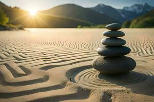 a stack of rocks in the sand with the sun shining. AI-Generated photo