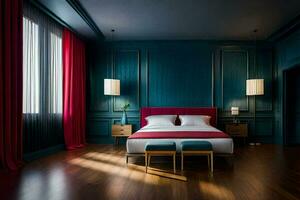 a bedroom with blue walls and wood floors. AI-Generated photo