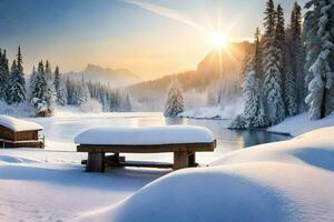 a bench sits in the snow next to a river. AI-Generated photo