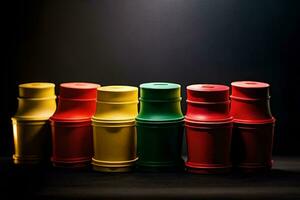 a row of colorful plastic containers on a black background. AI-Generated photo