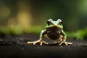 a frog is sitting on the ground with its eyes open. AI-Generated photo
