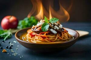 spaghetti with meat and vegetables in a bowl. AI-Generated photo