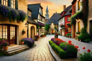 a street in europe with colorful flowers and buildings. AI-Generated photo