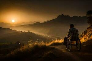 un hombre en un silla de ruedas es sentado en un colina con vista a el puesta de sol. generado por ai foto