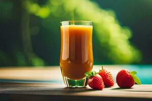 un vaso de naranja jugo con fresas en un mesa. generado por ai foto