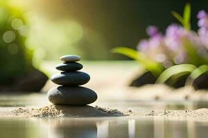 a stack of stones in the sand with purple flowers. AI-Generated photo