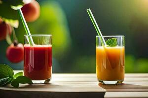 two glasses of juice with straws on a wooden table. AI-Generated photo