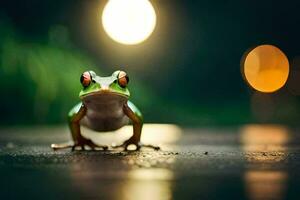 a frog is standing on the ground at night. AI-Generated photo