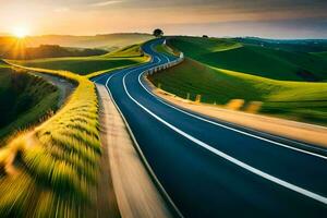 a long exposure photograph of a winding road in the countryside. AI-Generated photo