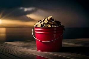 a bucket of gold coins on a wooden table. AI-Generated photo