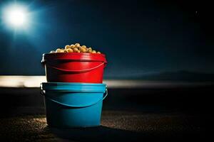 dos cubos de miseria en el playa a noche. generado por ai foto