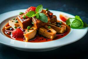 a plate of food with tofu and sauce. AI-Generated photo