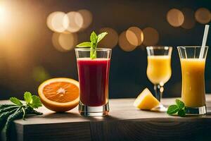 three glasses of juice with oranges and oranges. AI-Generated photo