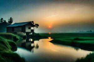 a small house sits on the edge of a river at sunset. AI-Generated photo