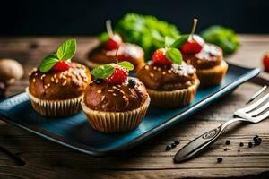 mini muffins with berries and mint on a blue plate. AI-Generated photo