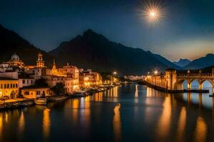 photo wallpaper the sky, water, mountains, bridge, city, lake, moon, bridge,. AI-Generated