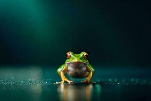 a frog sitting on a dark surface with a green background. AI-Generated photo