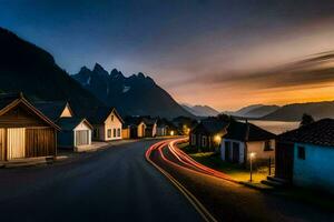 a road in the mountains with houses and mountains in the background. AI-Generated photo