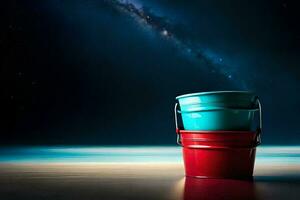 two buckets sitting on a table with a milky sky in the background. AI-Generated photo