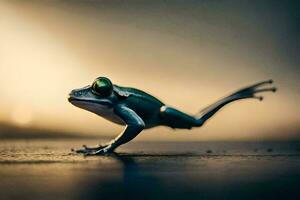 un rana con verde ojos es en pie en un superficie. generado por ai foto