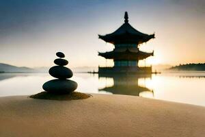 a pagoda and a stack of rocks in the sand. AI-Generated photo