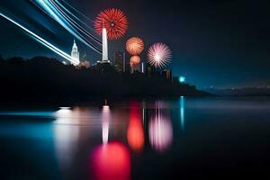 fireworks over the city skyline at night. AI-Generated photo