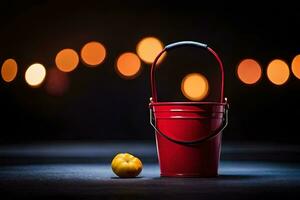 a red bucket and an apple on a table. AI-Generated photo
