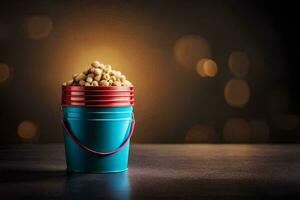 a bucket filled with peanuts on a table. AI-Generated photo