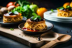 pasta with tomato sauce and vegetables on a wooden cutting board. AI-Generated photo