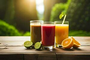 Tres lentes de jugo con naranjas y limones generado por ai foto