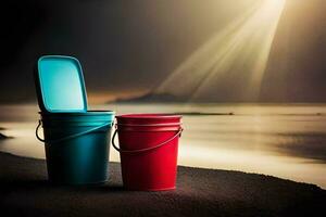 two buckets sit on the beach with the sun shining through. AI-Generated photo