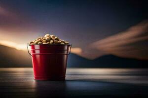 a red bucket filled with peanuts on a table. AI-Generated photo