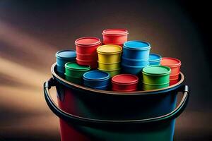 a bucket filled with colorful plastic cups. AI-Generated photo