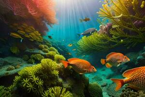 underwater scene with coral reef and fish. AI-Generated photo