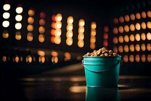 a bucket of peanuts sitting on a table in front of a lit up room. AI-Generated photo