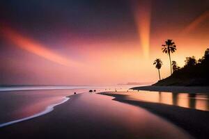 un playa con palma arboles y un puesta de sol. generado por ai foto