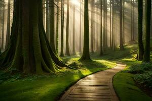 un camino mediante un bosque con rayos de sol brillante mediante el arboles generado por ai foto