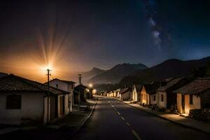 un calle a noche con un lechoso cielo. generado por ai foto