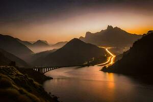 un puente terminado un río a puesta de sol con montañas en el antecedentes. generado por ai foto