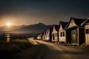 un la carretera líder a un fila de de madera casas generado por ai foto