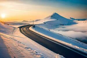 a road in the snow with a mountain in the background. AI-Generated photo