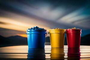 three buckets of popcorn on a table with a sunset in the background. AI-Generated photo