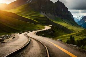 un devanado la carretera en el montañas con un puesta de sol. generado por ai foto