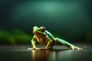 a frog is sitting on a table with a green background. AI-Generated photo