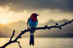 a colorful bird sits on a branch in front of a lake. AI-Generated photo